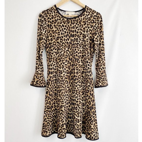 Michael Kors Mega Cheetah Bell Sleeves Flounce Dress Dark Camel S - Picture 2 of 5